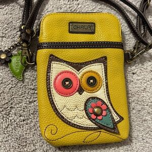 Chala Faux Leather Cellphone Crossbody Pouch Purse - Owl II, Mustard